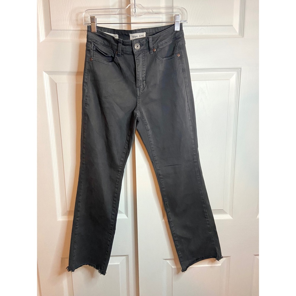 Tribal Jeans Audrey Mid Rise Straight Ankle Gray Frayed Hem Pants 7148T-2020 6